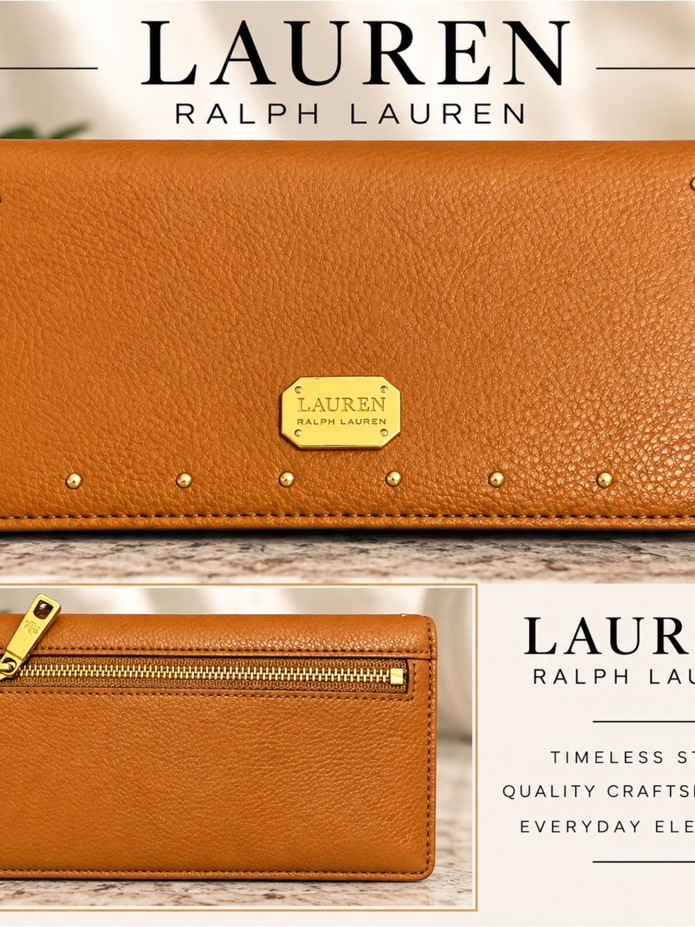Lauren Ralph Lauren Cognac/Tan Leather Wallet with Gold Hardware